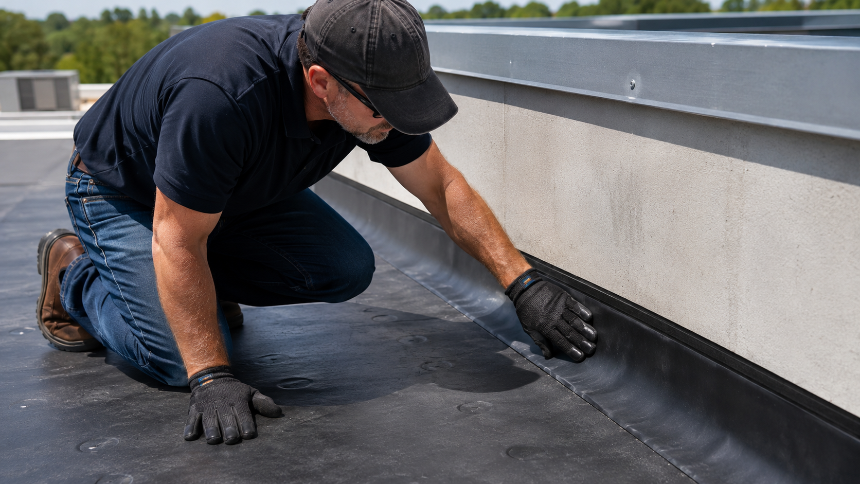 Roofer performing structured inspection at flashing point — 7-point tune-up process