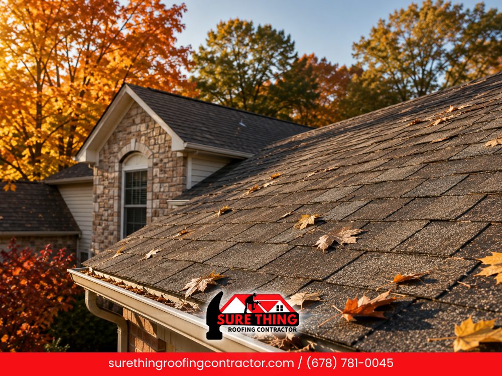 Fall leaves on an asphalt shingle roof and in the gutter of a Peachtree City, GA home — Sure Thing Roofing Contractor fall roof maintenance