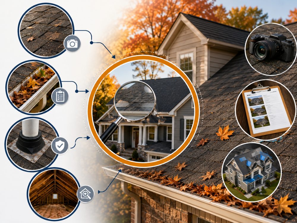 Fall roof inspection infographic: magnifying glass over a Peachtree City home with callouts for shingles, gutters, pipe boots and attic ventilation, plus the photos and written report homeowners receive