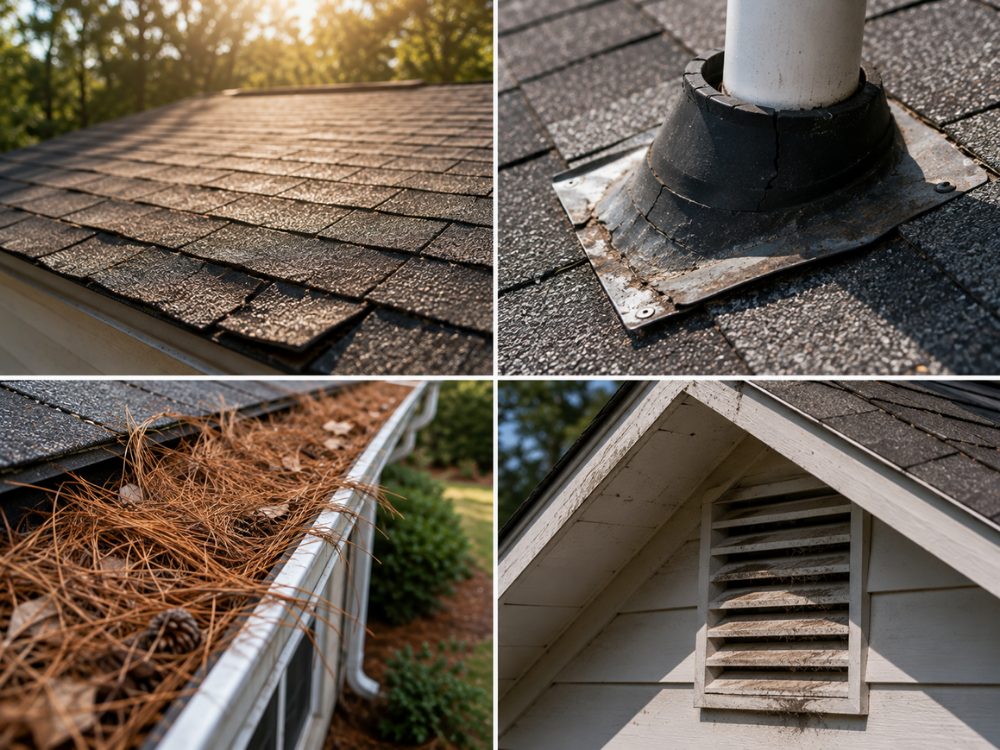 What summer leaves behind on a Georgia roof: sun-baked shingles with granule loss, a cracked rubber pipe boot, a gutter packed with pine needles, and a dirty gable vent