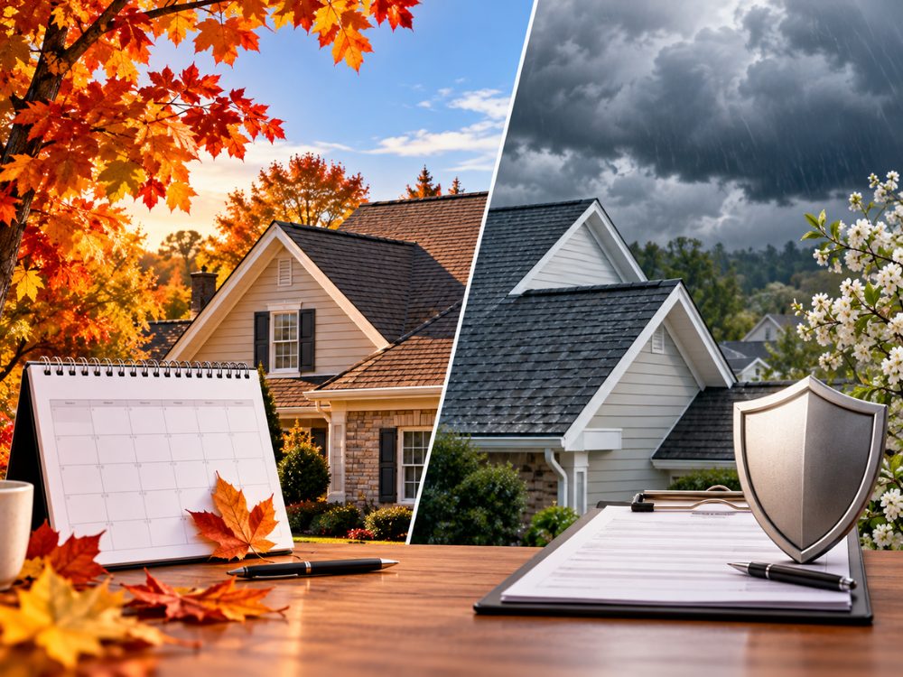 Fall versus spring: a desk calendar and autumn leaves in front of a home in fall sunshine, beside a similar home under spring storm clouds with a roof inspection report and a shield on the desk
