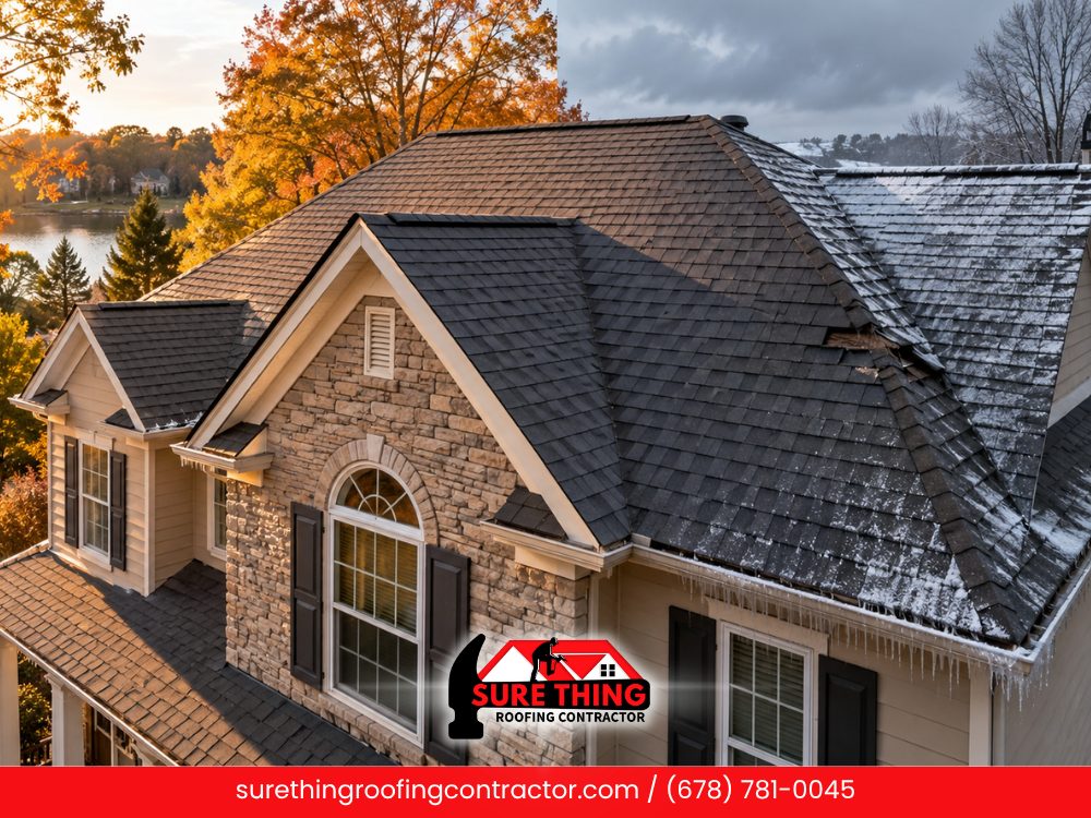 Split view of an asphalt shingle roof on a Fayette County, GA home: warm fall light and autumn trees on one side, frost, icicles and lifted shingles on the other — Sure Thing Roofing Contractor