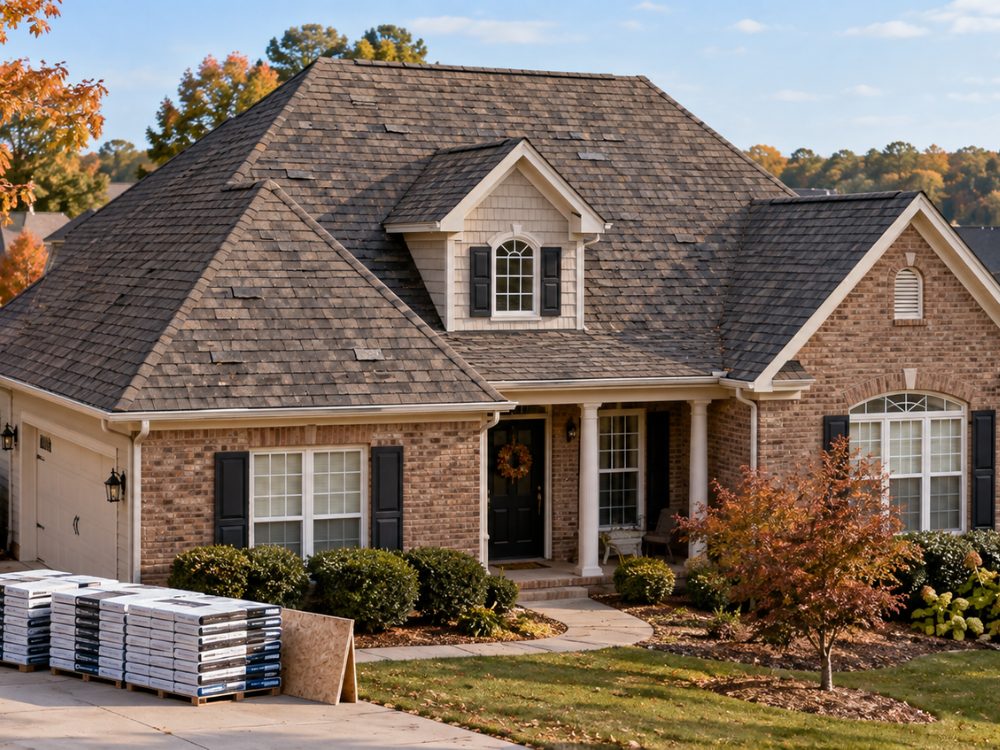 Brick Georgia home in fall with a worn, patched shingle roof and pallets of new shingle bundles and roof decking staged in the driveway for a roof replacement
