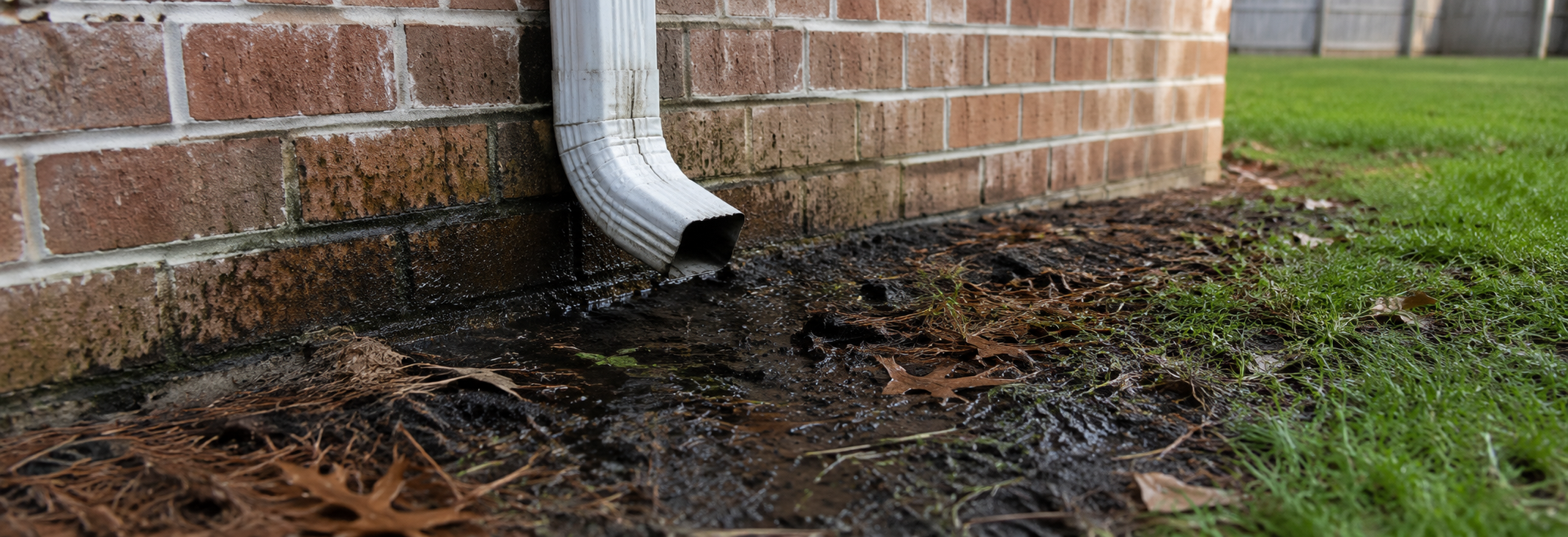 Downspout terminating too close to a brick foundation with visible moisture staining on the masonry