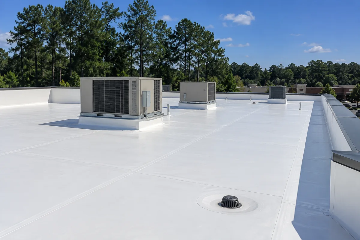 White TPO commercial flat roof with rooftop HVAC units in Peachtree City GA — Sure Thing Roofing Contractor
