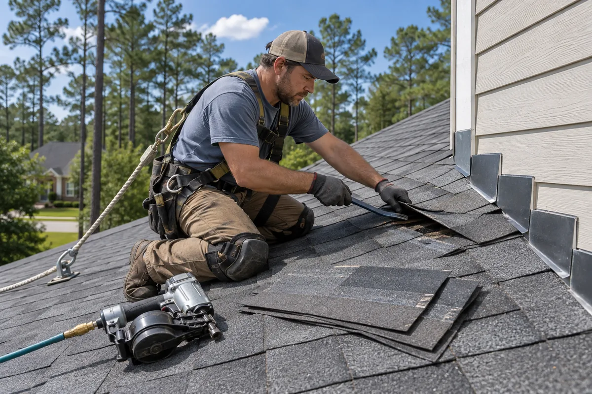 Roofer repairing damaged shingles in Peachtree City GA — Sure Thing Roofing Contractor