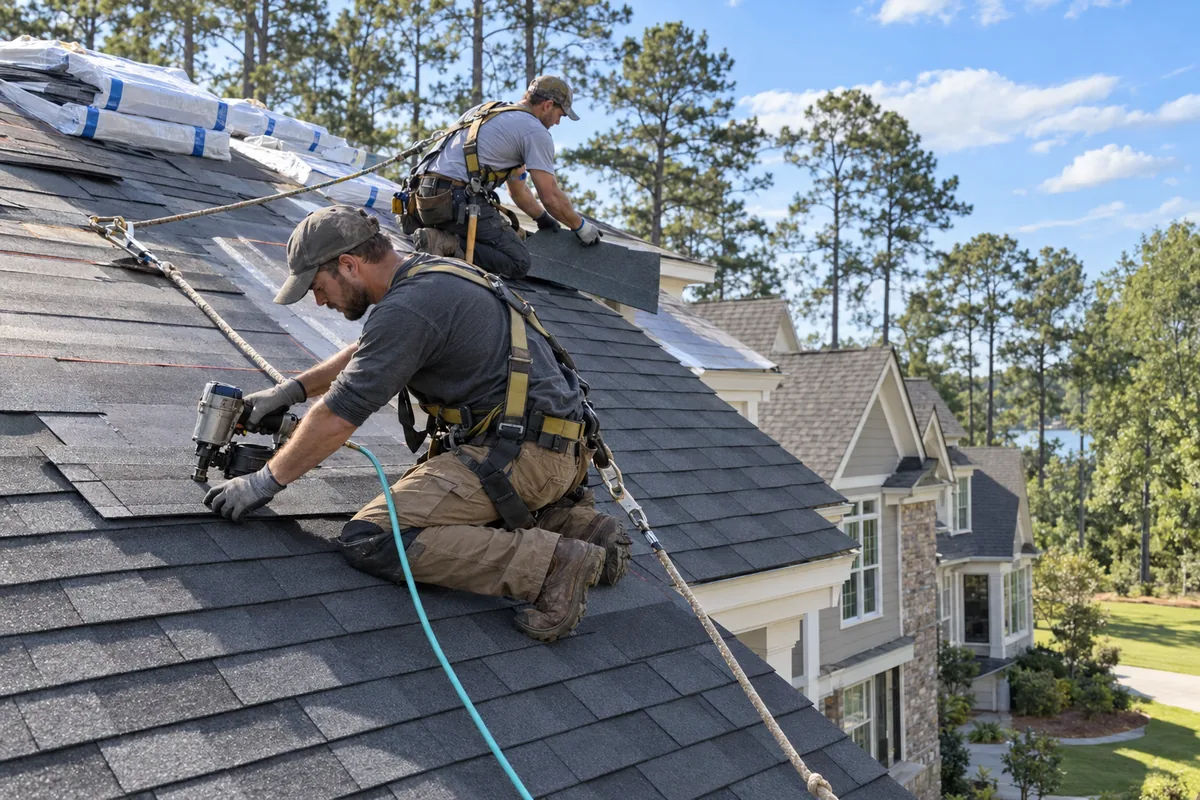 Roofers installing architectural shingles on a Peachtree City GA home — Sure Thing Roofing Contractor